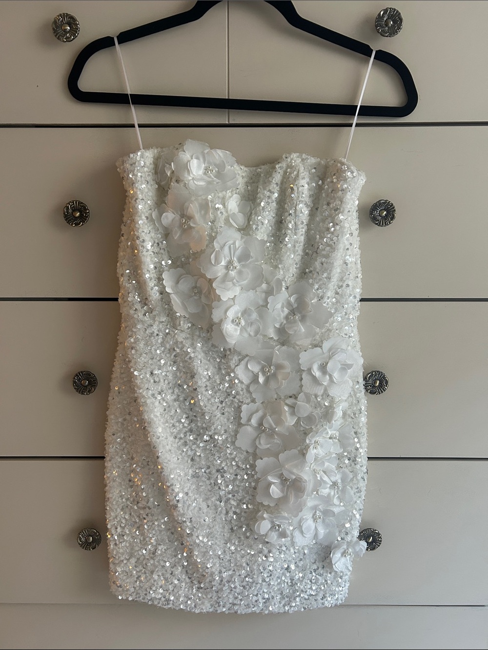 Helsi Sandra Strapless Sequin Mini Dress Women Med White 3D Floral HOCO Cocktail